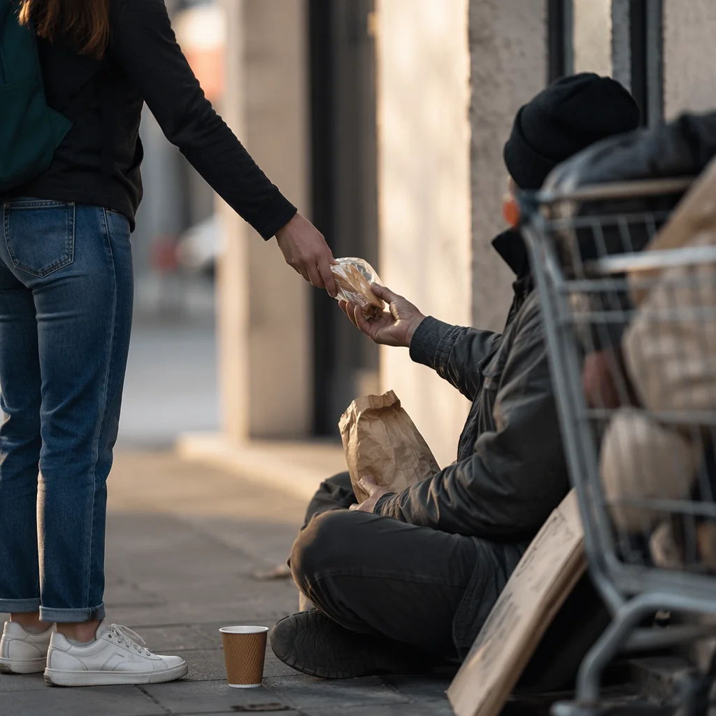 Compassionate Food Handoff on City Sidewalk