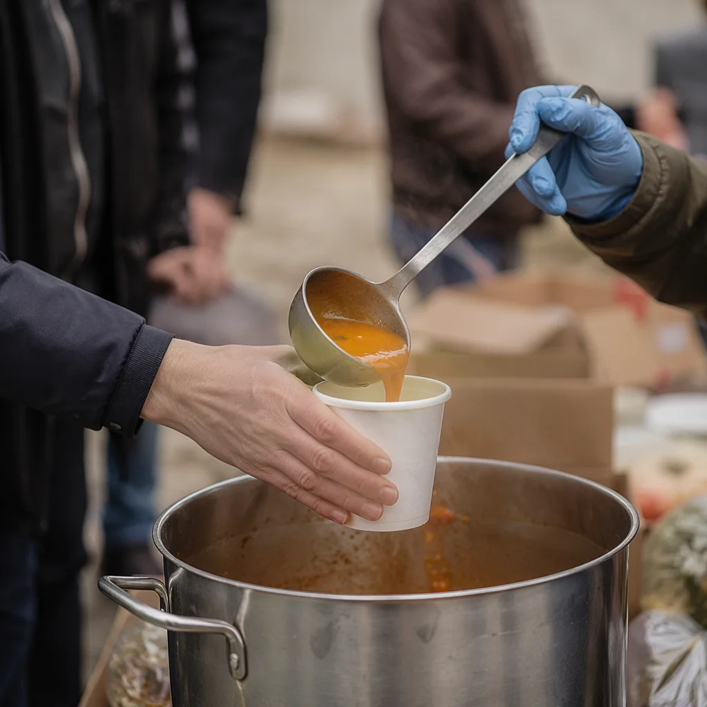Volunteers Serving Hot Soup to the Homeless