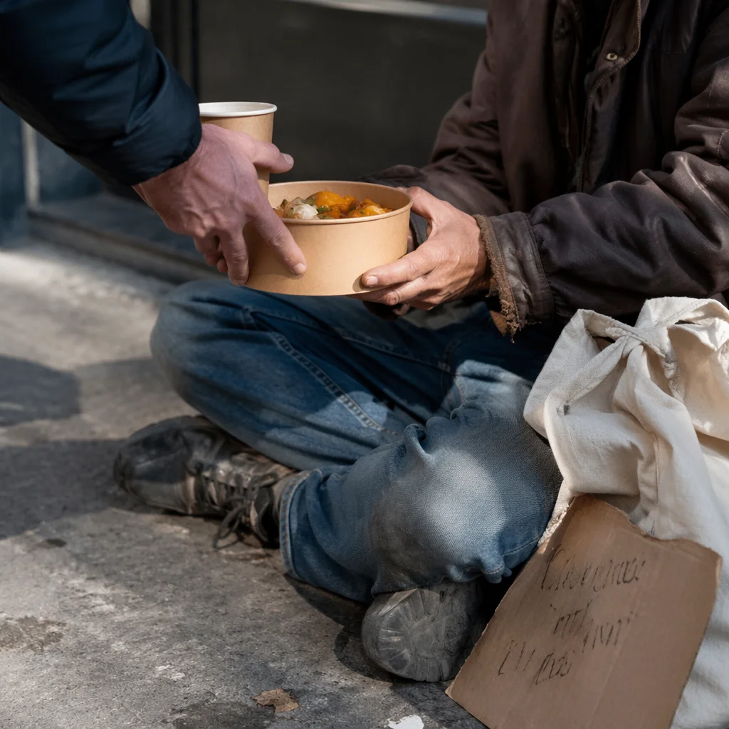 Volunteer Hands Offering Warm Meal