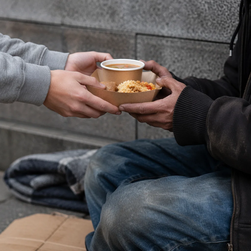 Volunteer Hands Sharing Meal with Homeless Neighbor