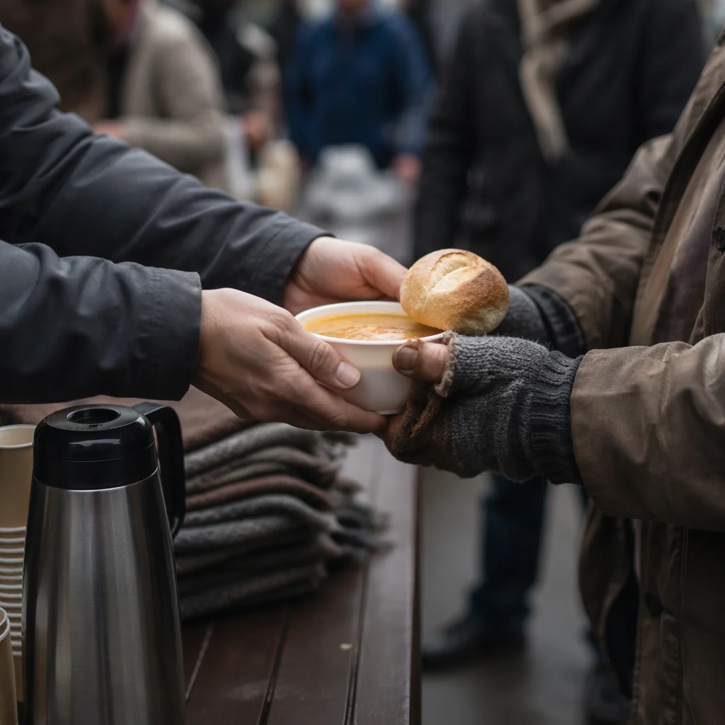 Compassionate Hands Serving Soup on City Morning