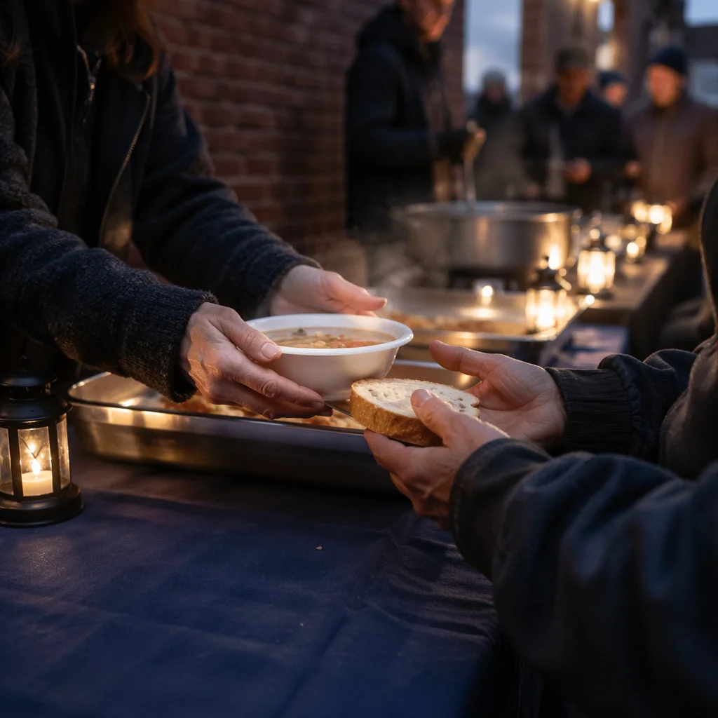 Compassionate Hands Serving Soup and Bread