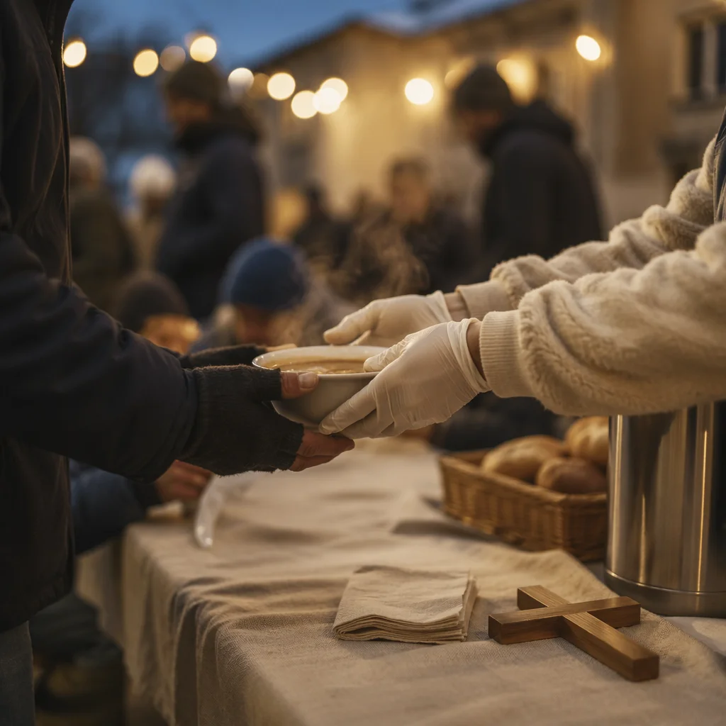 Volunteers Serving Soup with Compassion at Dusk