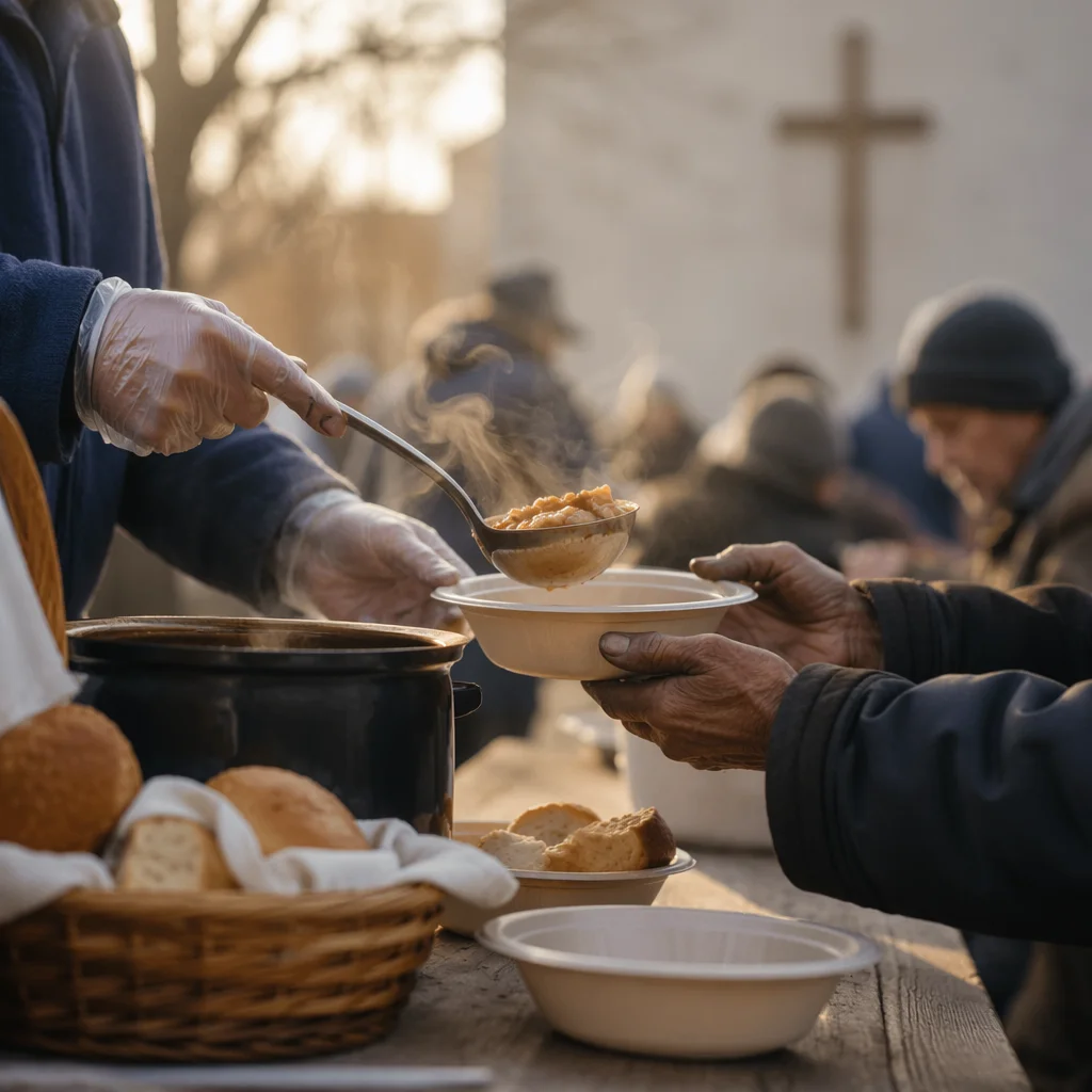 Volunteers Serving Warm Meal in Church Courtyard