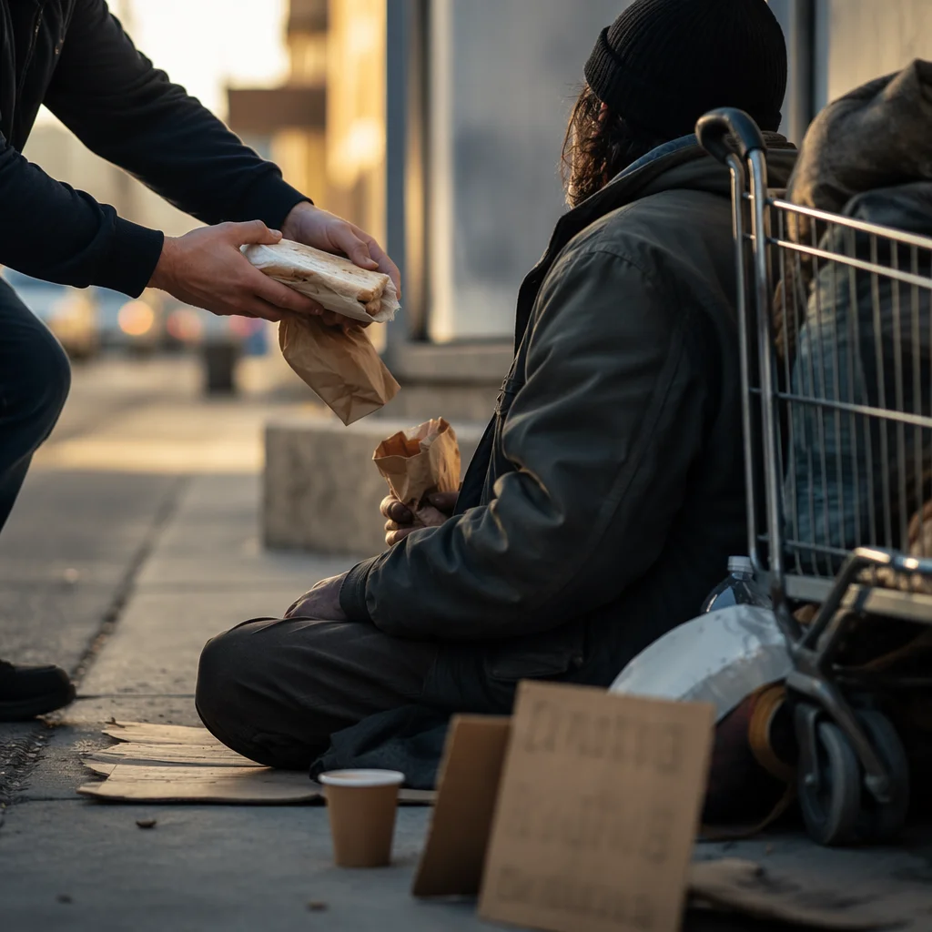 Volunteer Offering Food to Homeless Neighbor