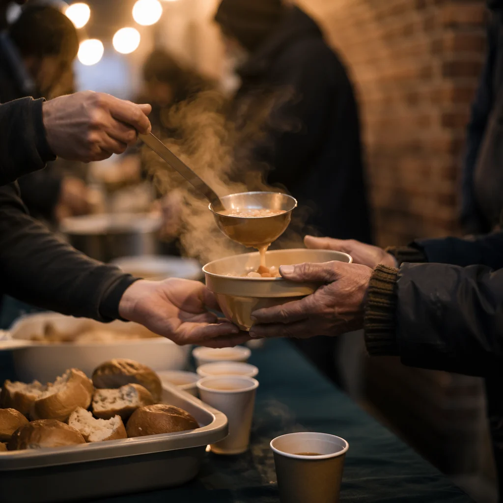 Compassionate Hands Serving Warm Meal Outdoors