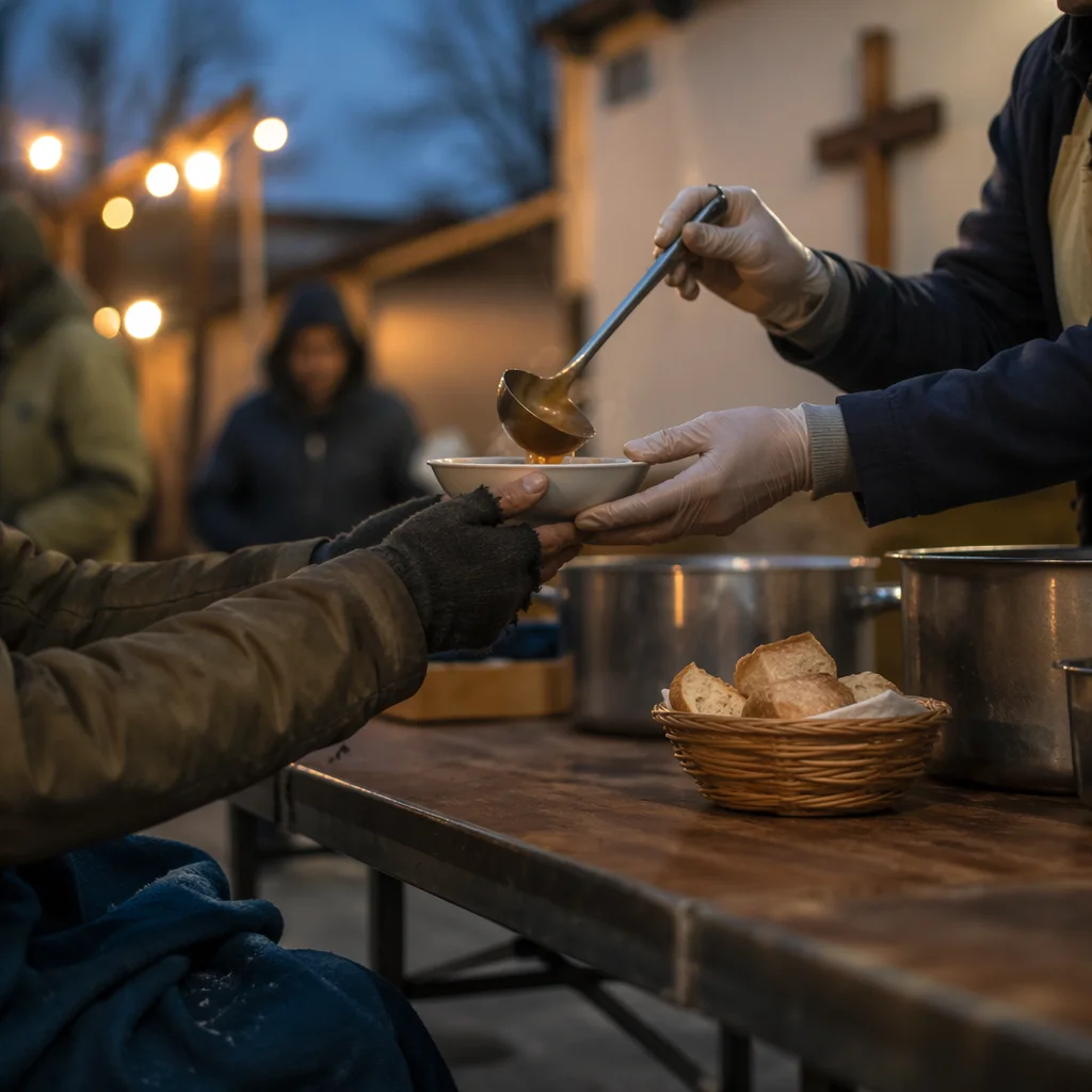 Volunteers Serving Soup with Christian Compassion