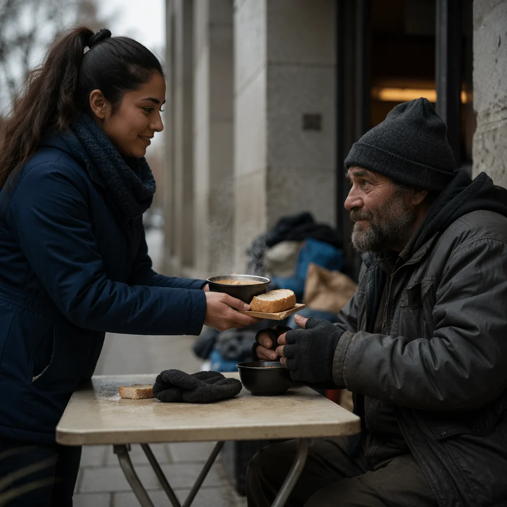 Volunteer Offering Soup to Homeless Man