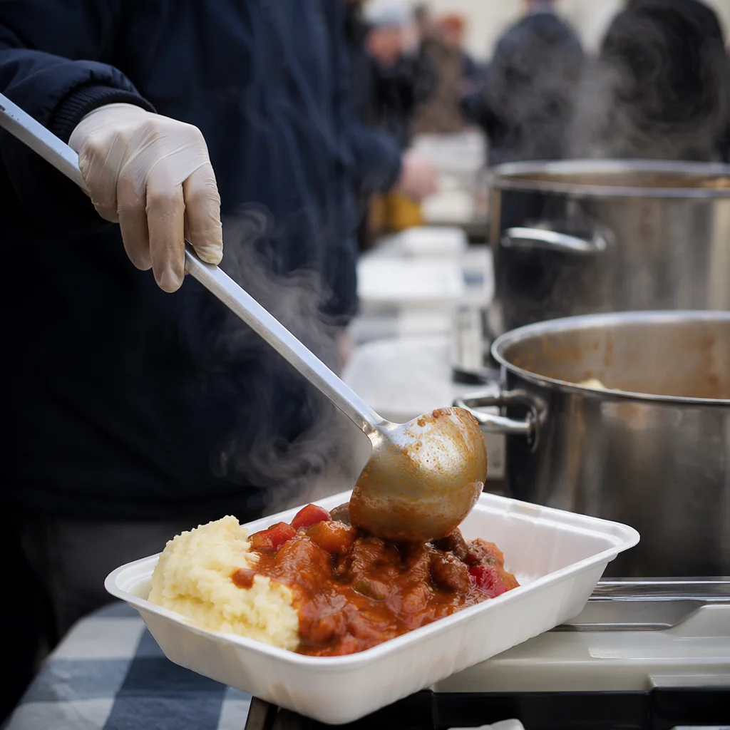 Volunteer Hands Serving Warm Meals Outdoors