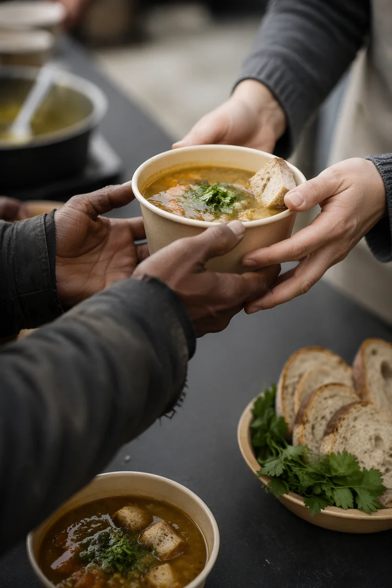 Compassionate Hands Serving Warm Meal Outdoors