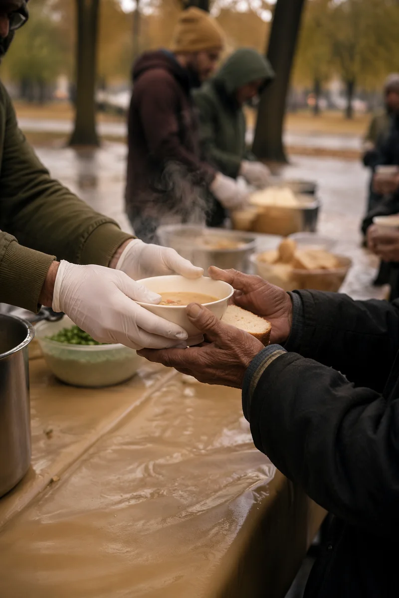 Compassionate Hands Serving Soup and Bread