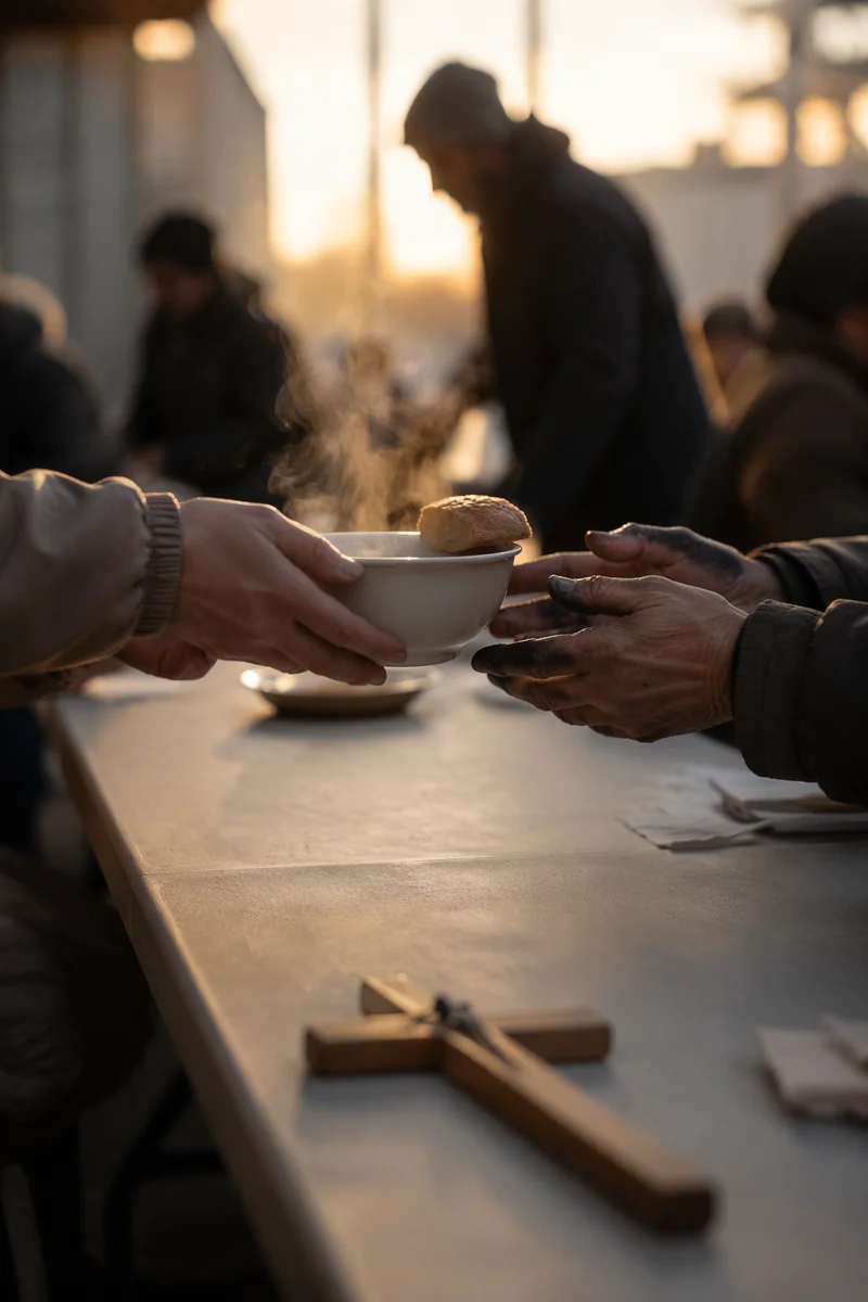 Compassionate Hands Serving Soup at Sunrise