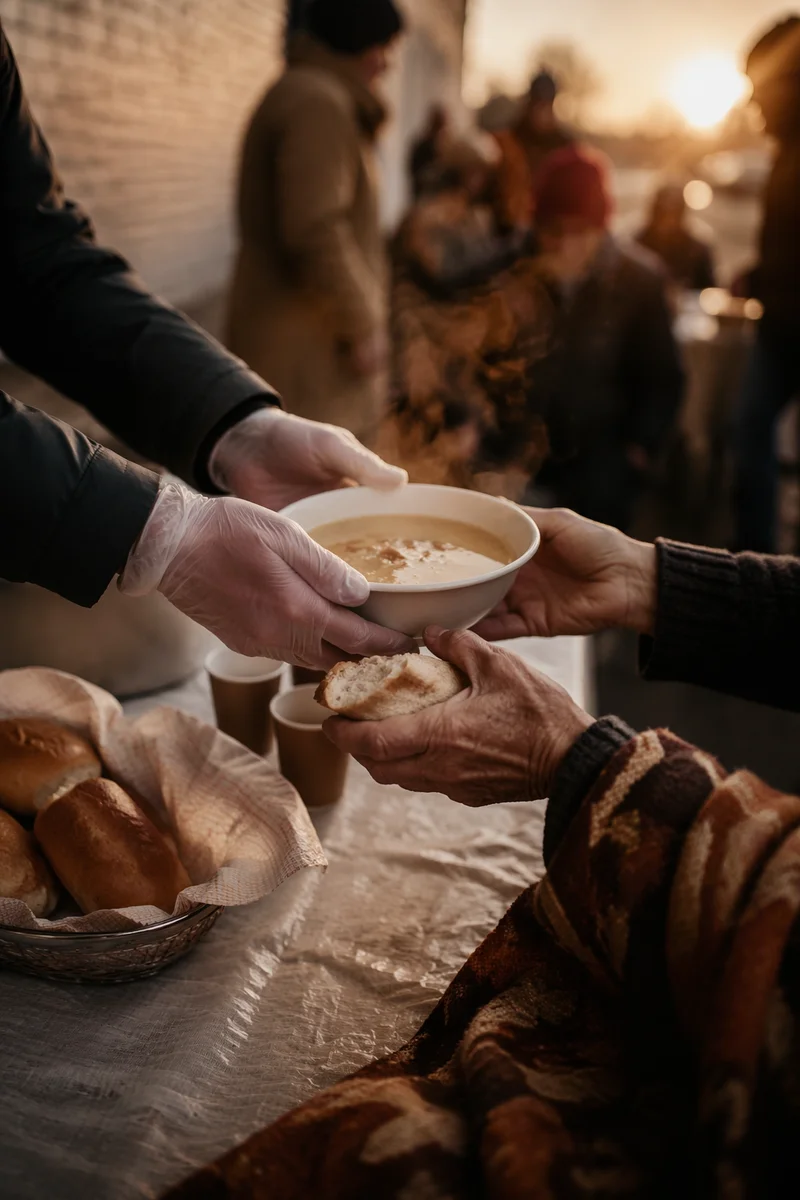 Compassionate Hands Serving Soup at Sunrise