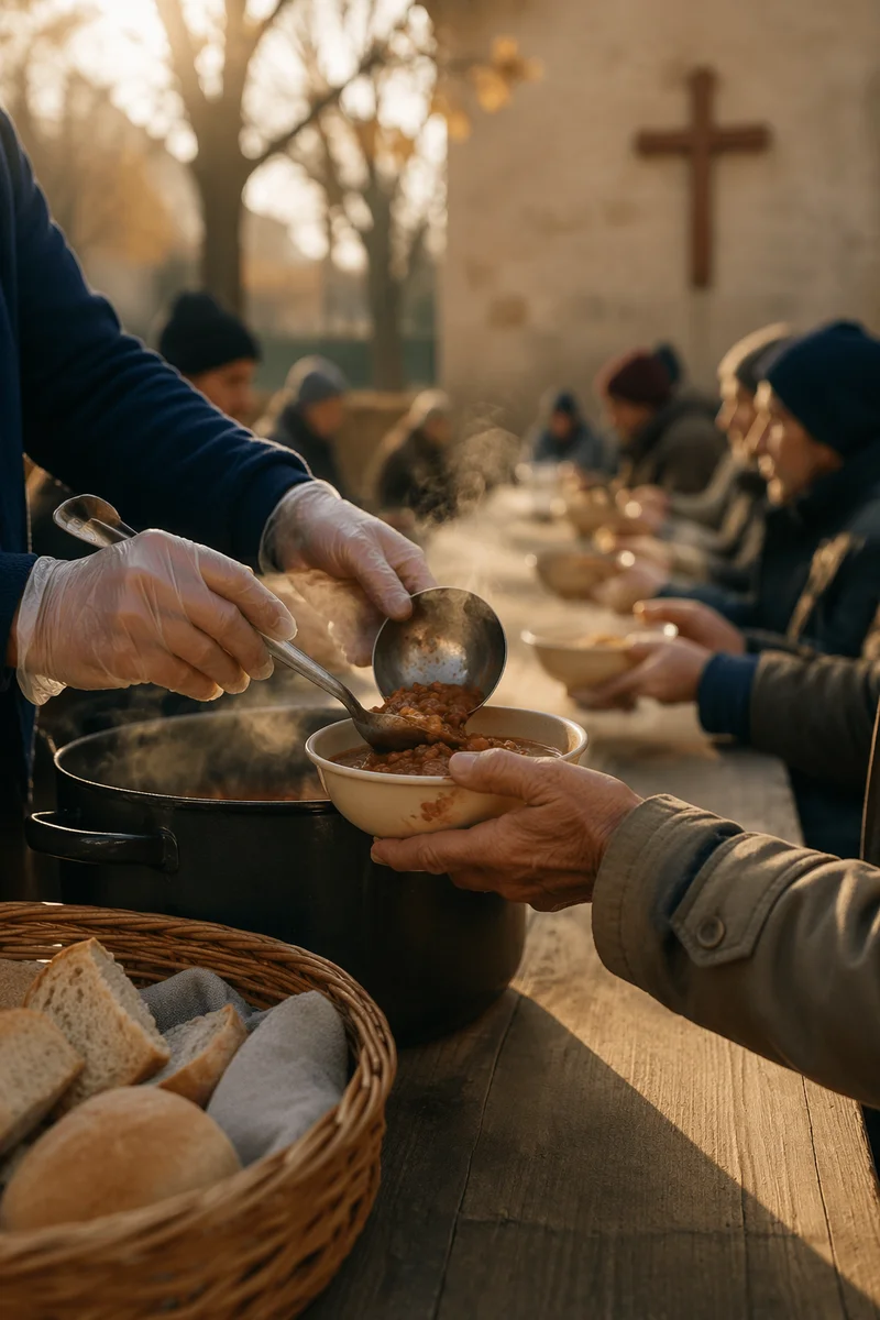 Volunteers Serving Warm Meal in Church Courtyard