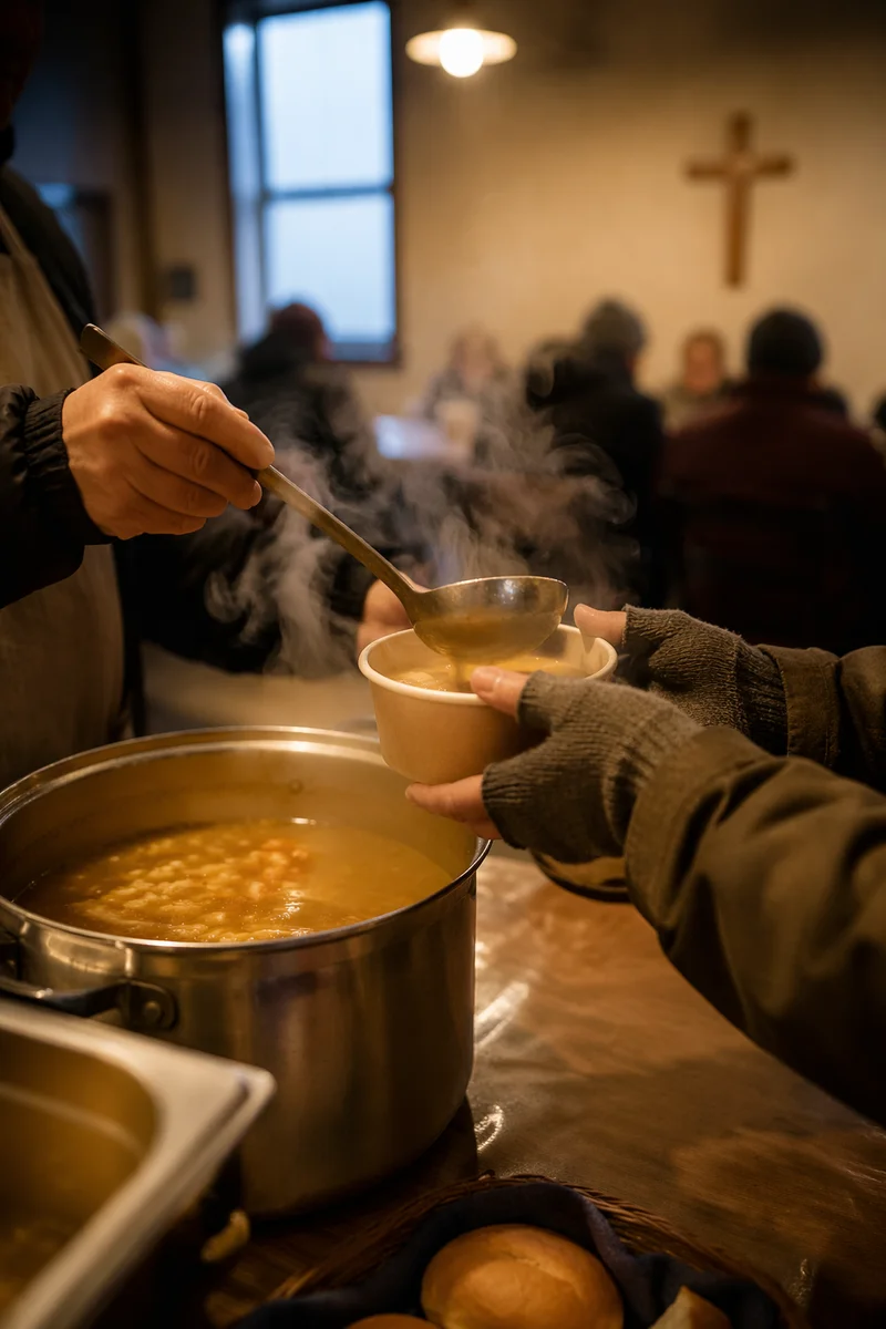 Volunteer Hands Serving Soup in Meal Hall