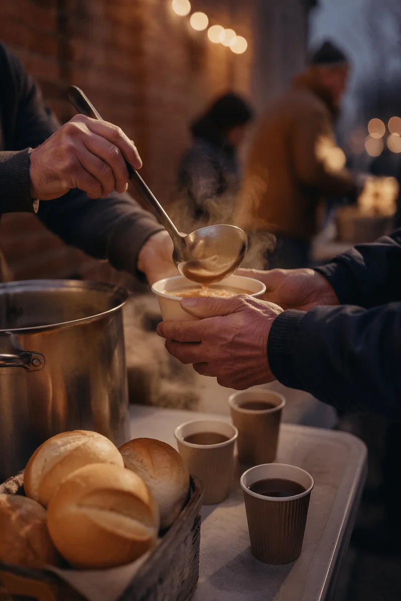 Compassionate Hands Serving Warm Meal Outdoors