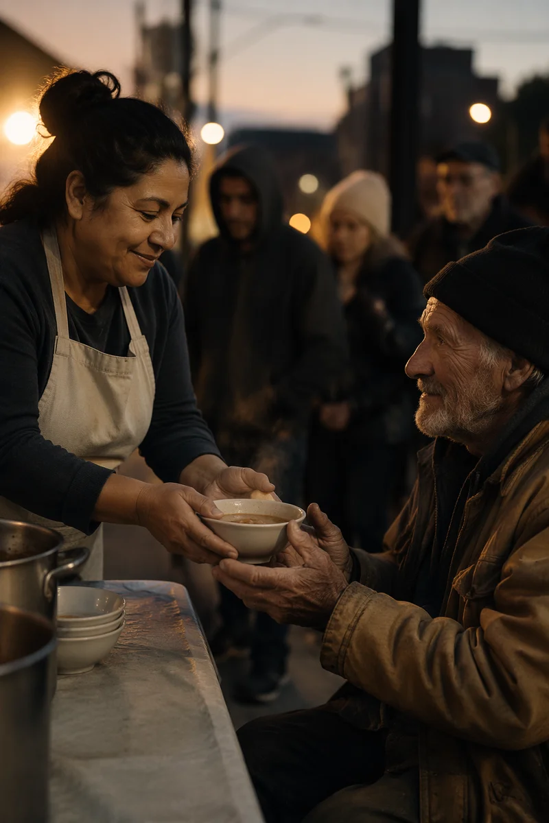Volunteer Serving Soup on City Sidewalk