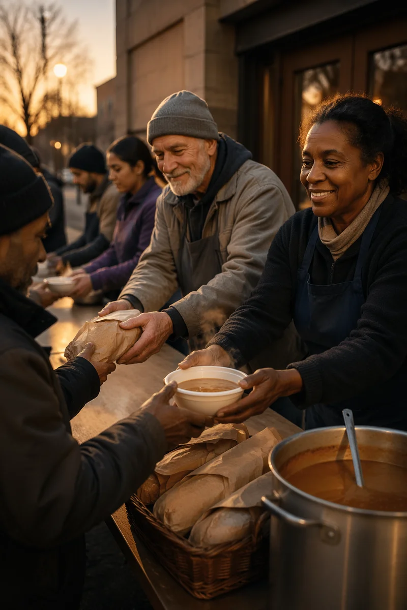 Volunteers Serving Hot Meals Outdoors