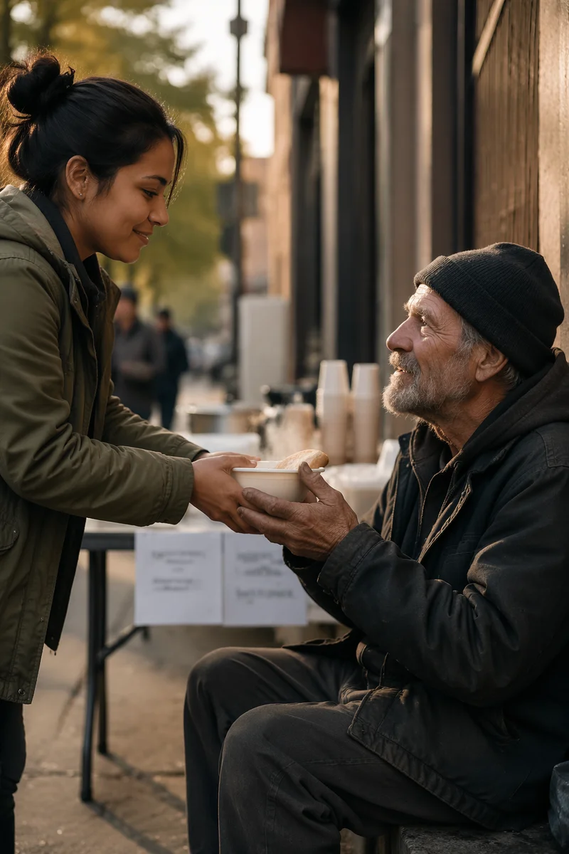 Volunteer Offering Soup on City Sidewalk