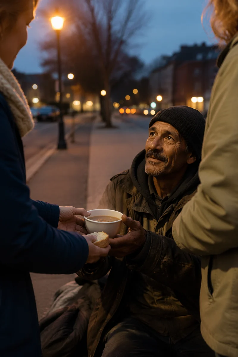 Volunteers Offering Soup on City Sidewalk