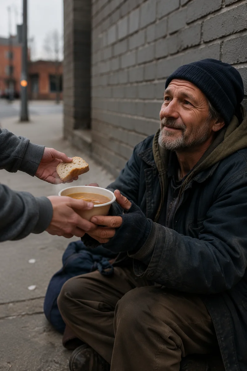 Volunteers Offering Soup on City Sidewalk