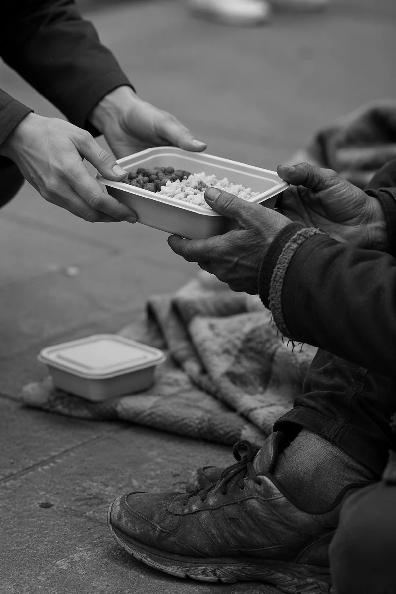 Volunteers Sharing Hot Meal With Homeless Neighbor