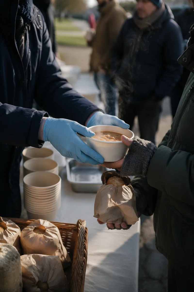 Volunteers Serving Warm Meals Outdoors
