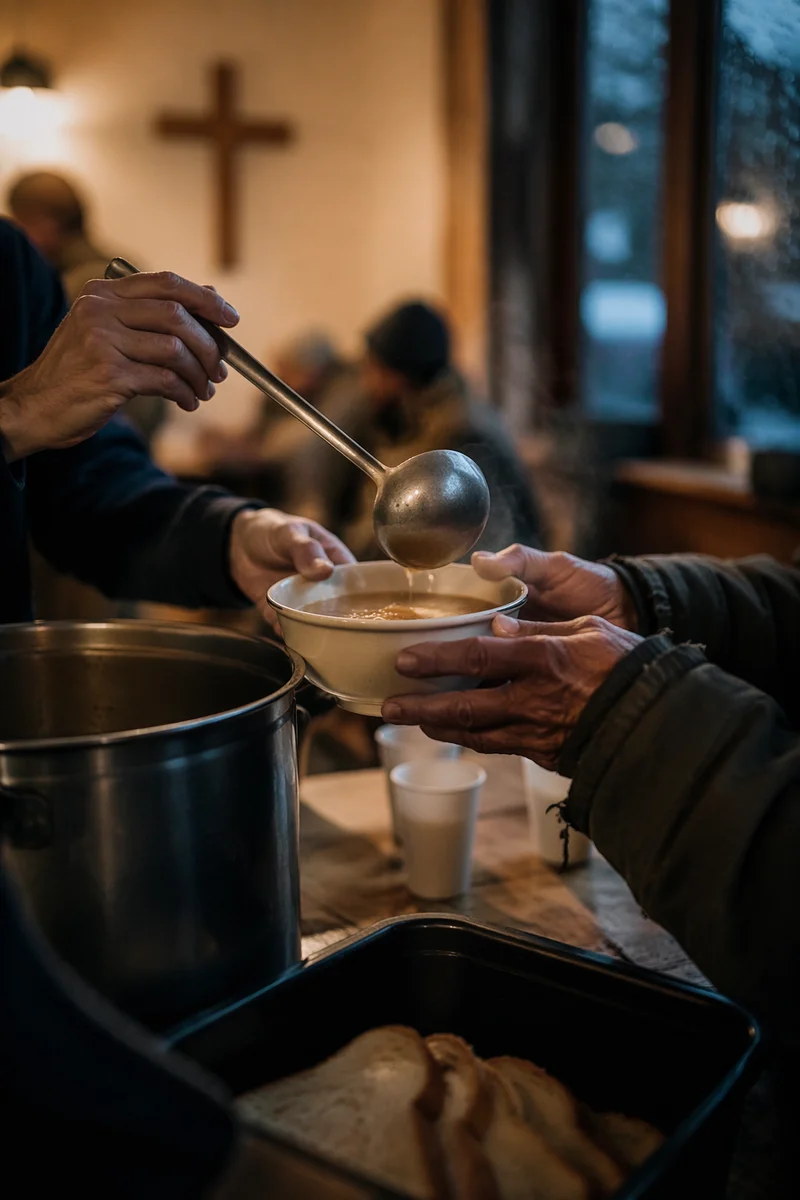 Volunteer Hands Serving Soup in Community Hall