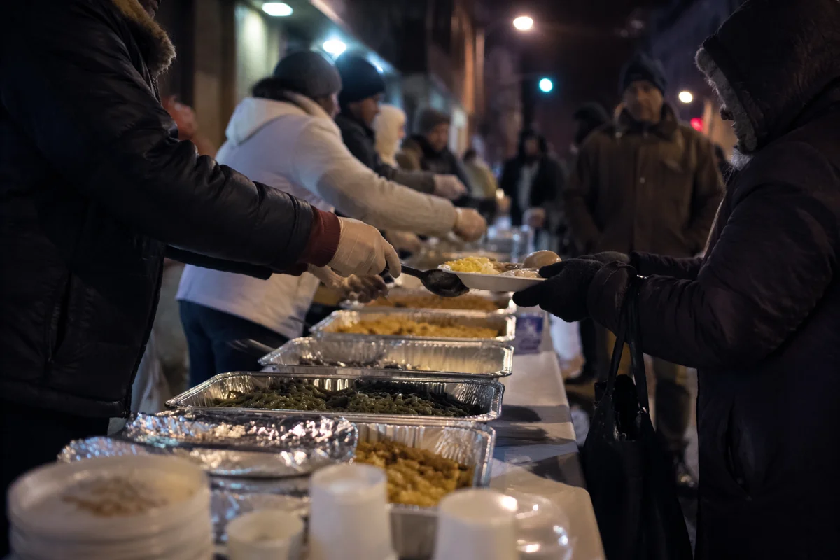 Hands Serving Warm Meals on City Sidewalk