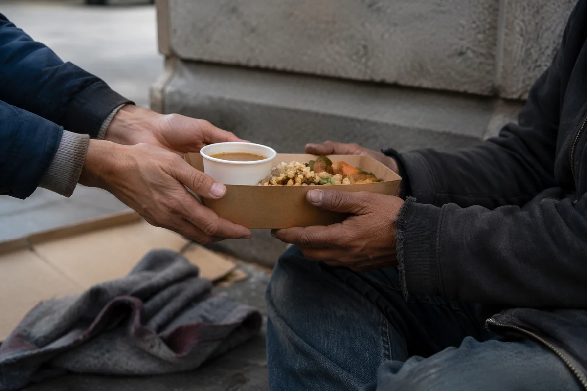 Volunteer Hands Offering Meal to Homeless Person
