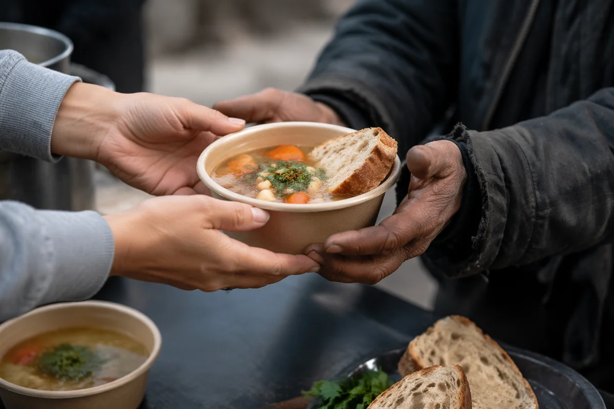 Compassionate Hands Serving Warm Meal Outdoors