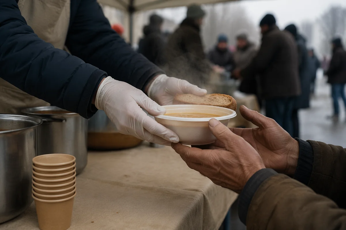 Volunteer Hands Serving Soup with Compassion