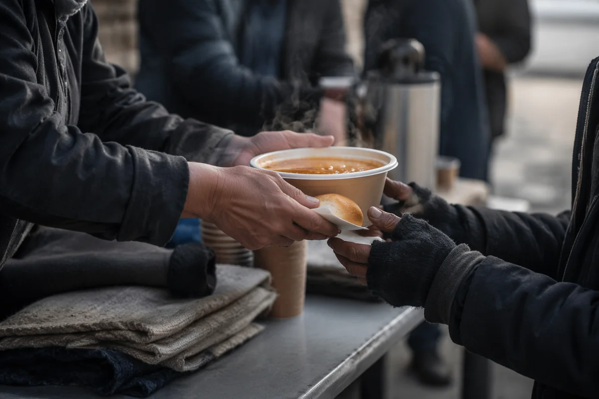 Compassionate Hands Serving Warm Food Outdoors