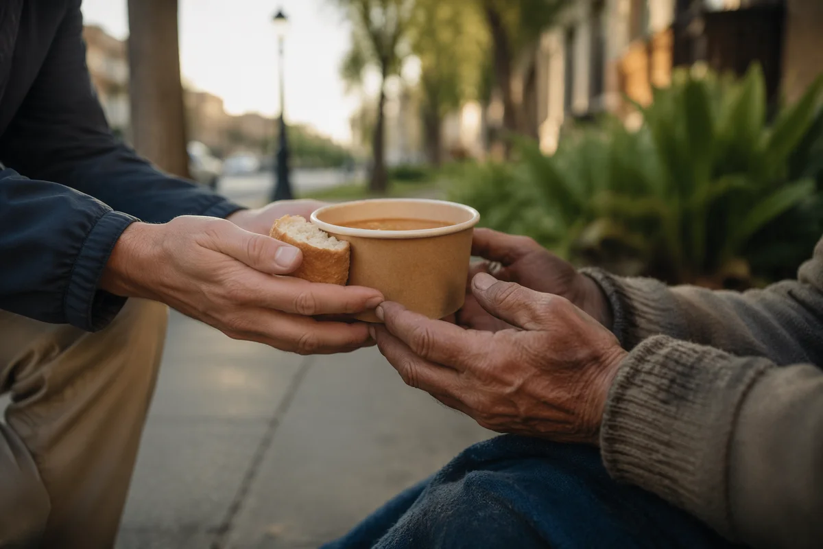 Volunteer Hands Serving Soup With Compassion
