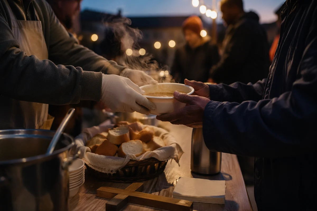 Volunteers Serving Soup with Compassion at Dusk