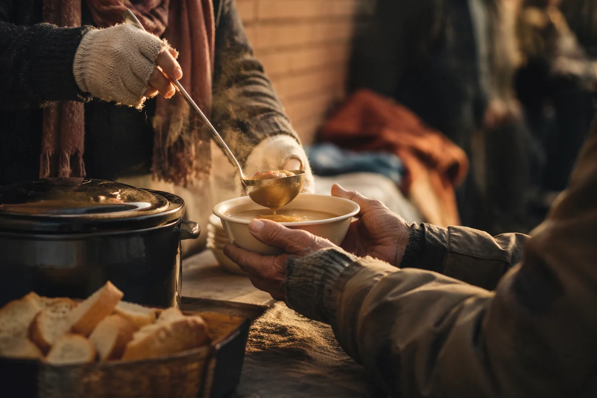 Compassionate Hands Serving Warm Meal Outdoors