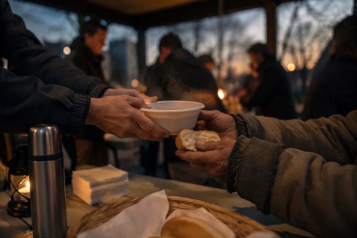 Compassionate Hands Serving Soup at Dusk