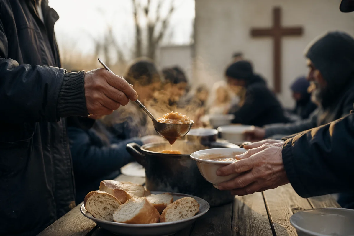 Volunteers Serving Warm Meals in Church Courtyard