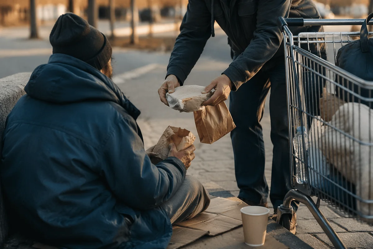Compassionate Hands Offering Food on Sidewalk