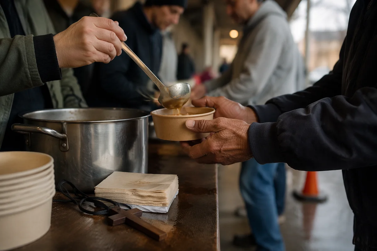 Compassionate Hands Serving Meals After Rain