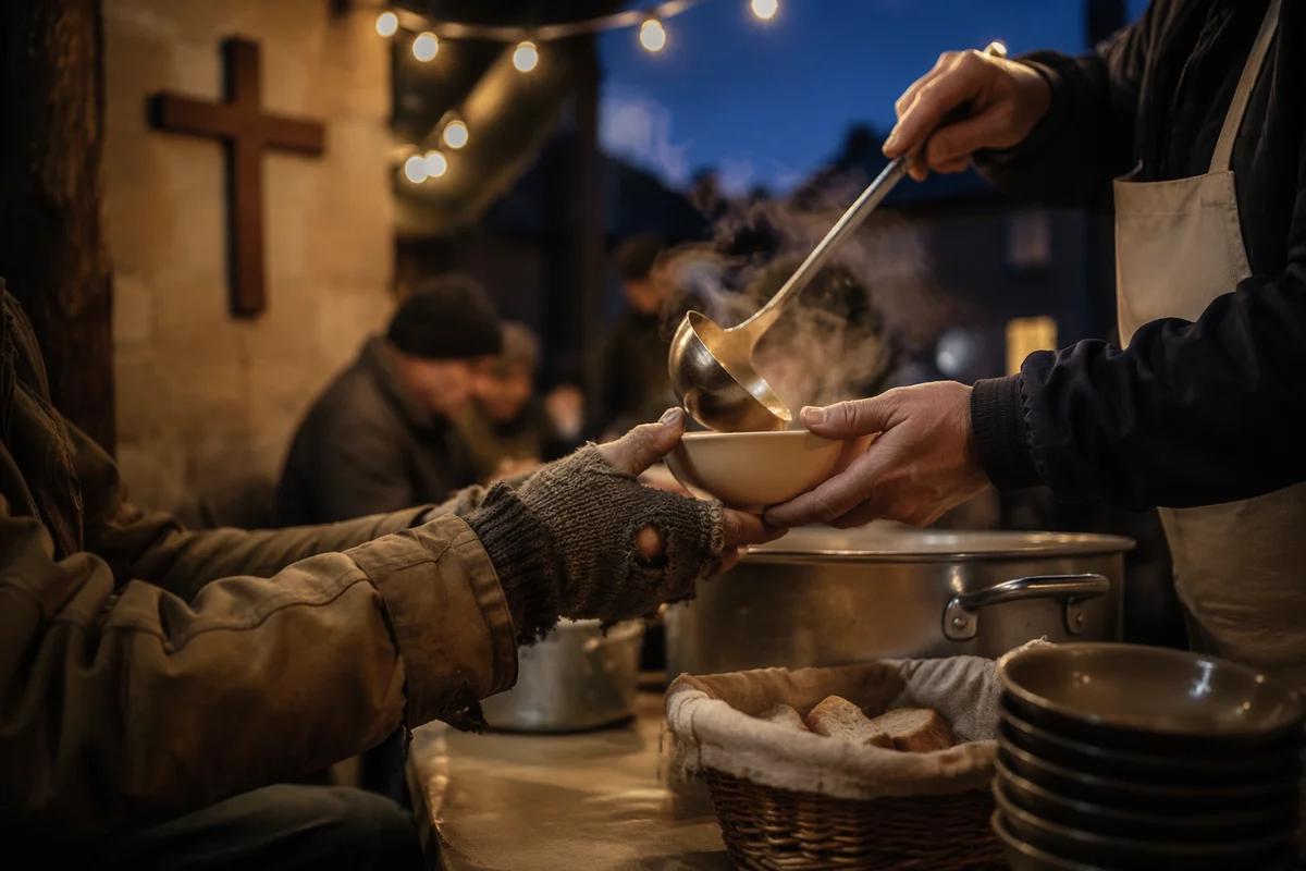 Volunteers Serving Soup with Christian Compassion