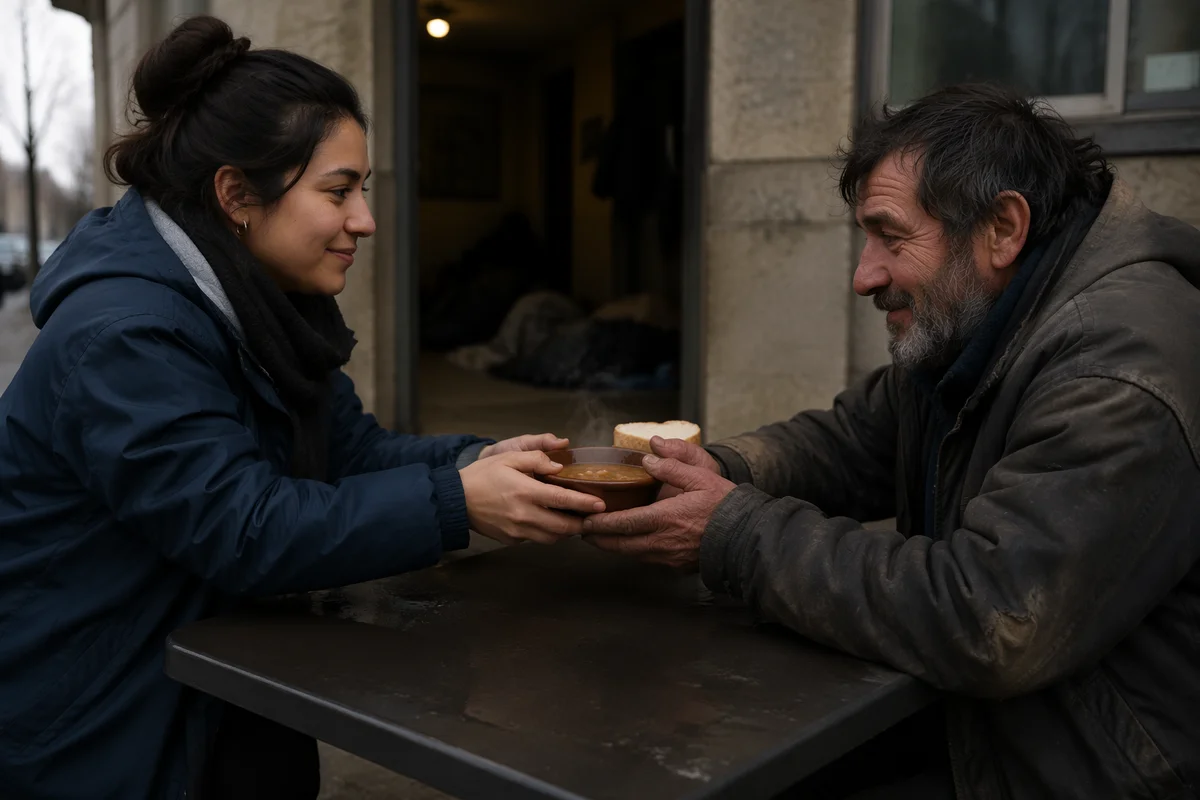 Volunteer Serving Soup to Homeless Man