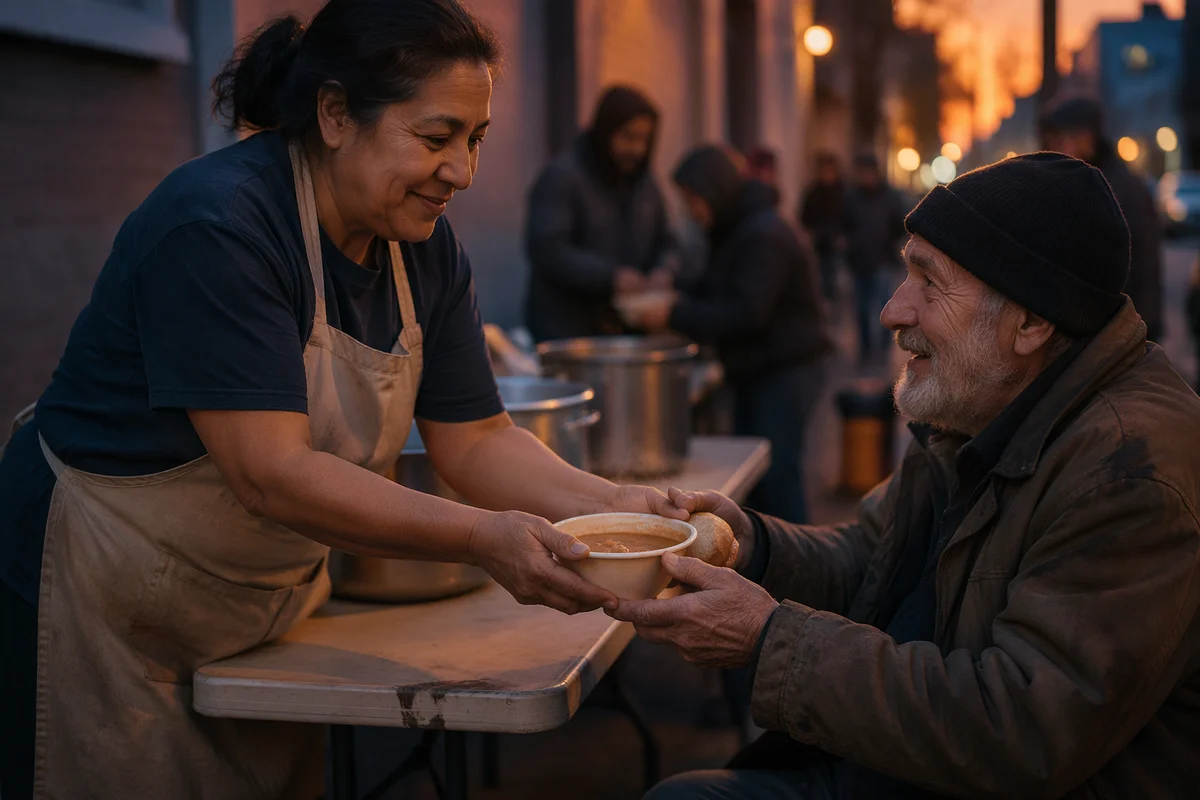 Volunteer Serving Soup to Elderly Man