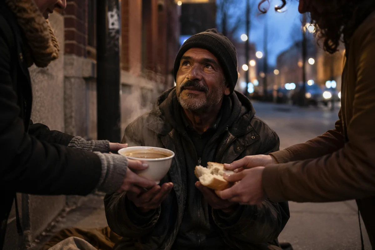 Volunteers Serving Soup on City Sidewalk