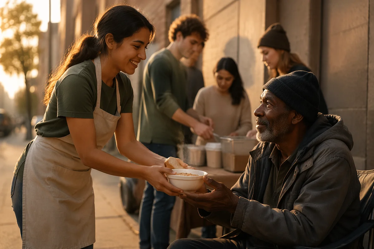 Volunteers Serving Meal on City Sidewalk