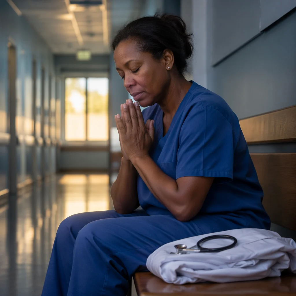 Tired Healthcare Worker Praying in Hospital Corridor