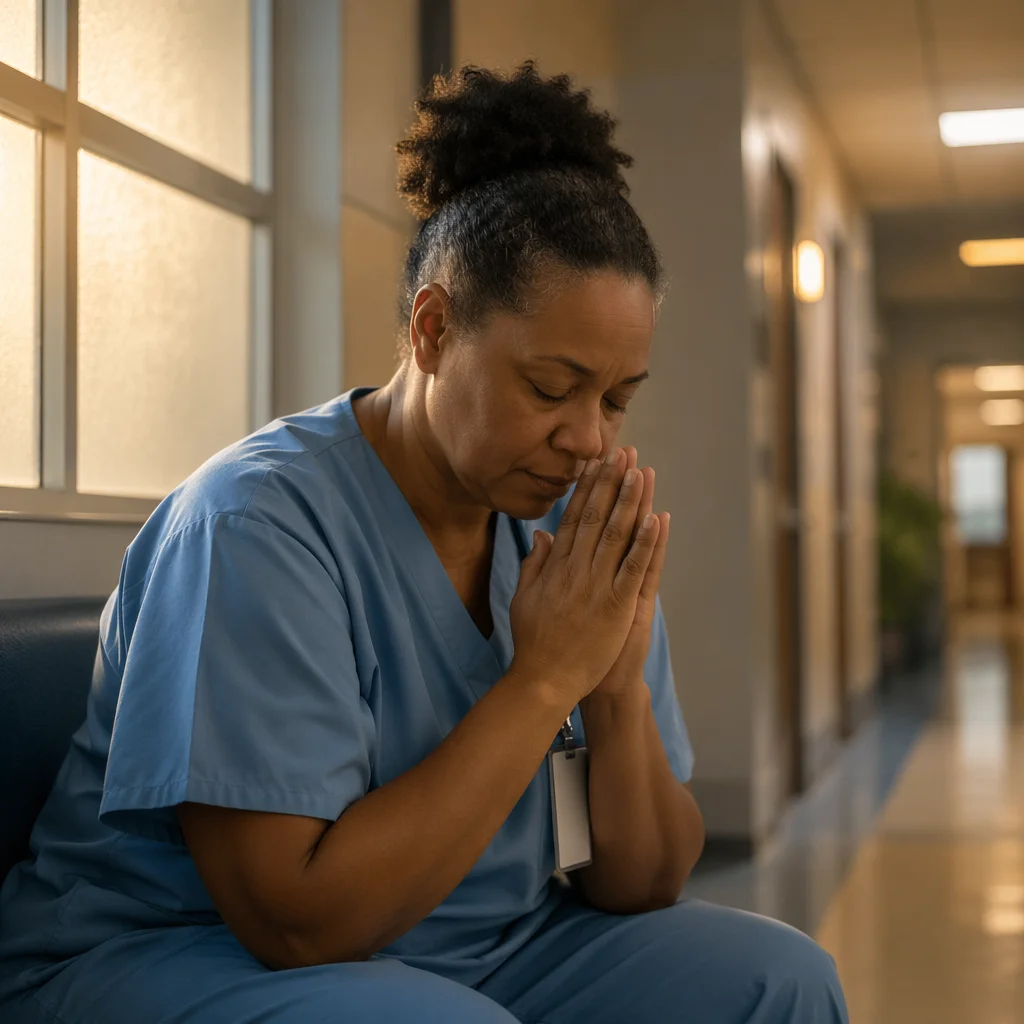 Tired Nurse Praying in Hospital Corridor