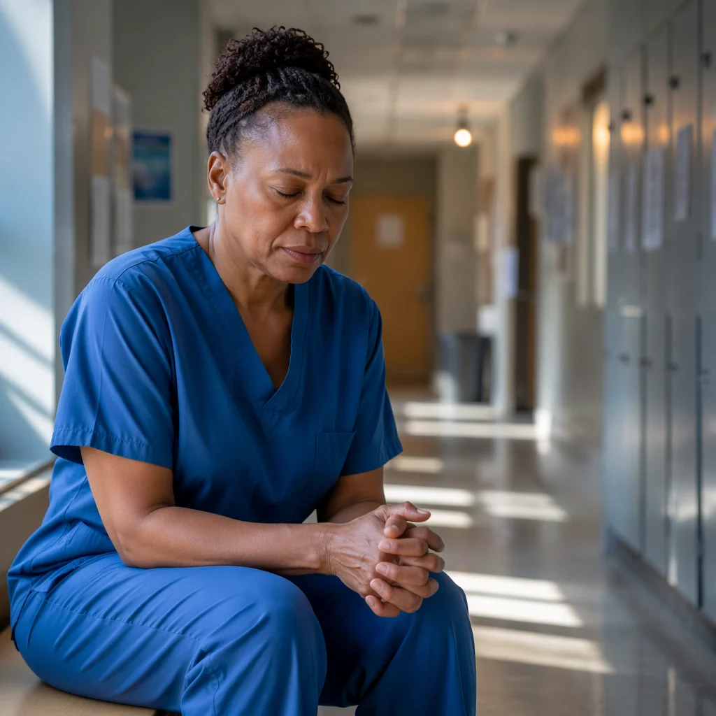 Tired Healthcare Worker Praying After Shift