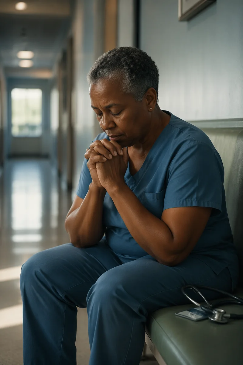 Tired Healthcare Worker Praying After Shift