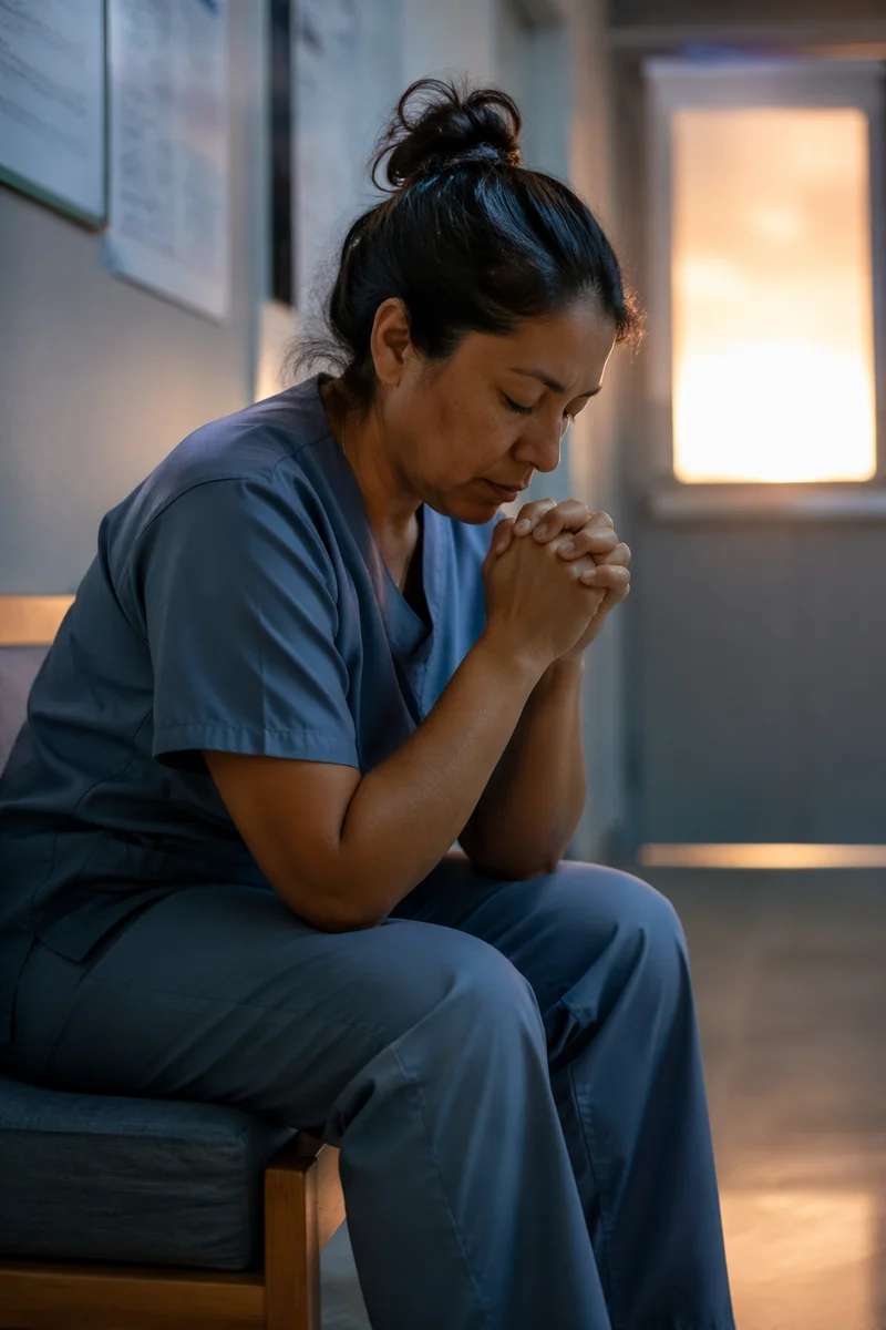 Tired Healthcare Worker Praying After Shift